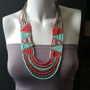 Boho Glam Glass Statement Necklace Tuqoose & Coral